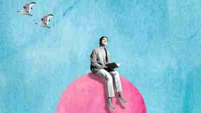 An illustration of a woman sitting on top of a pink circle agains t a blue backdrop. Birds in the sky.