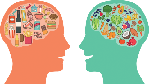 silhouettes of two heads with brains filled with unhealthy and ADHD-friendly foods
